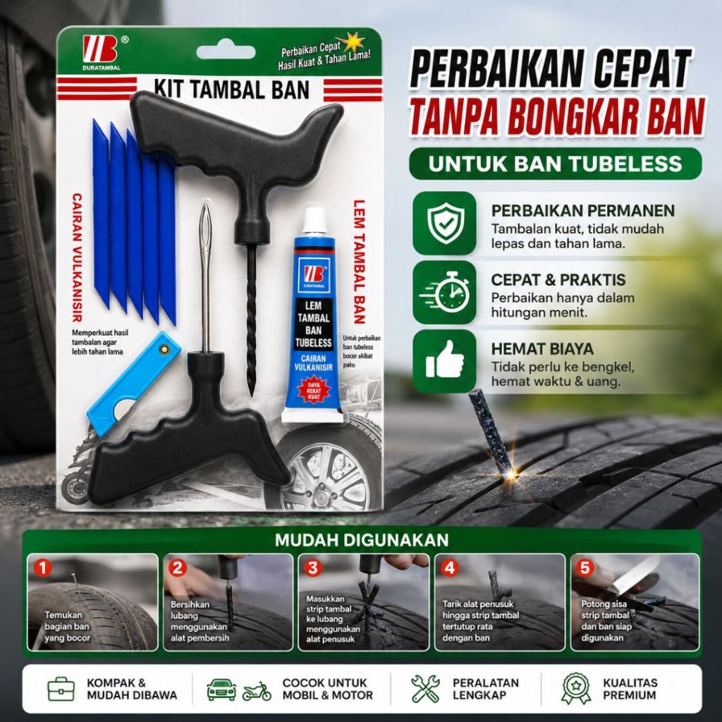 Alat Tambal Ban Bocor Tubeless Mobil Motor Kit Plug Ban Karet Lem Vulkanisir Portable