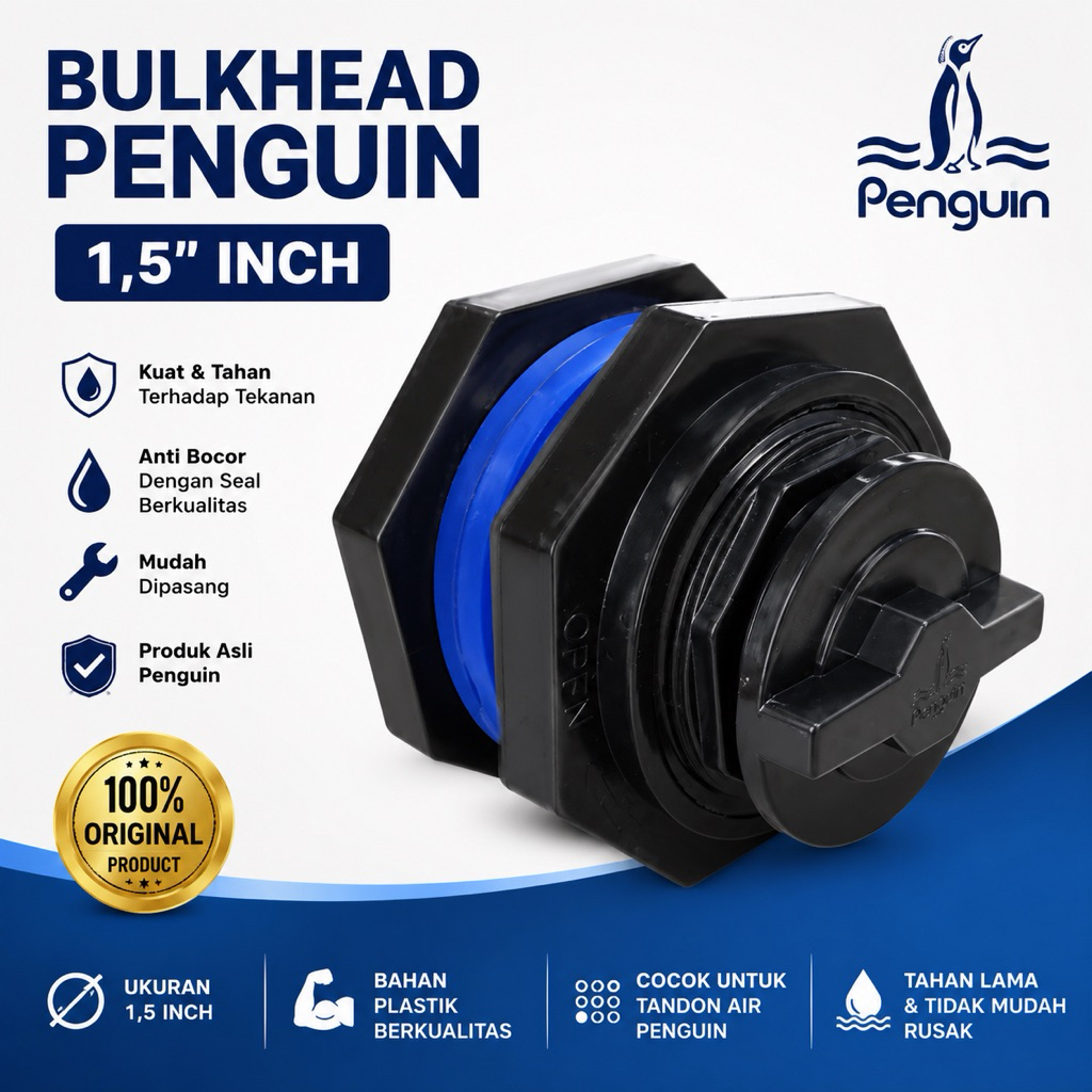 Penguin Bulkhead Fitting 1 1/2 Inch Kopling Tandon Toren Air 1.5 1,5" BULK HEAD MUR DRAT TANDON TORE