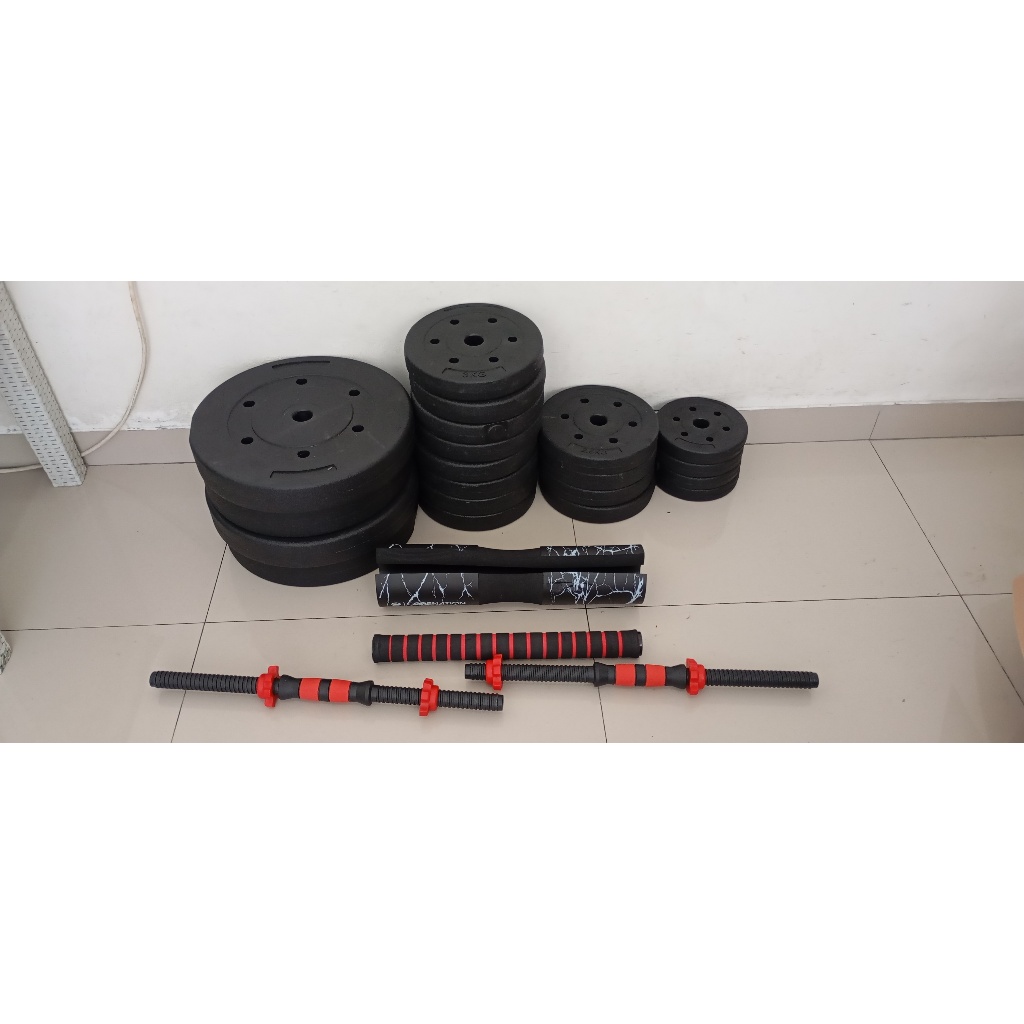 (Bekas 90%) Set Dumbell Barbel PVC Kettlebel 1,25KG 2,5KG 3KG 10KG Alat Gym Fitness Anti Slip