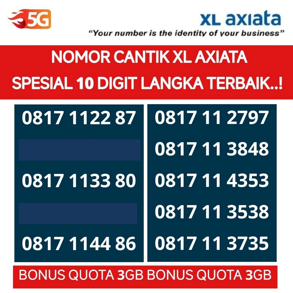xl 10 digit nomor cantik kartu perdana nomer 4G 5G ready bonus quota 3GB