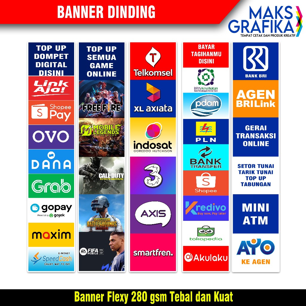 Spanduk Banner Konter Vertikal / Hiasan Dinding Toko Konter / Spanduk Operator Seluler/ Brilink/ Gam