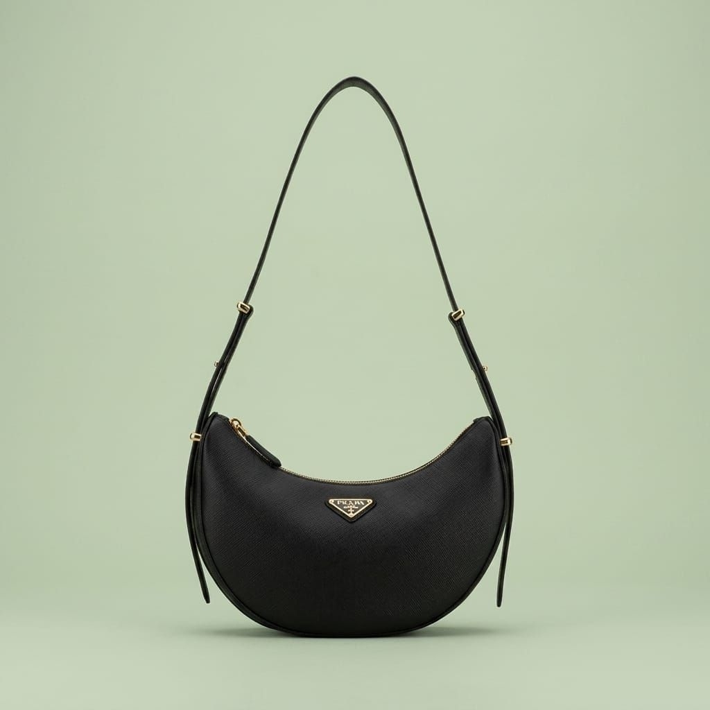 Tas Bahu Kecil WANITA KULIT Sapi Brand PRADA Arqué Hitam 100% ORIGINAL