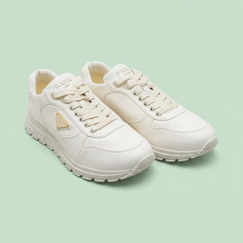 Sepatu Sneakers Kulit Brand PRADA Nappa Downtown Warna Gading Emas 100% ORIGINAL