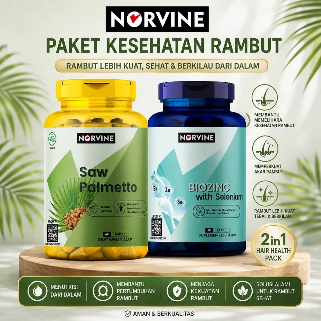Norvine Saw Palmetto & Biozinc Selenium Paket Penumbuh Rambut Pria Anti Rontok Original BPOM
