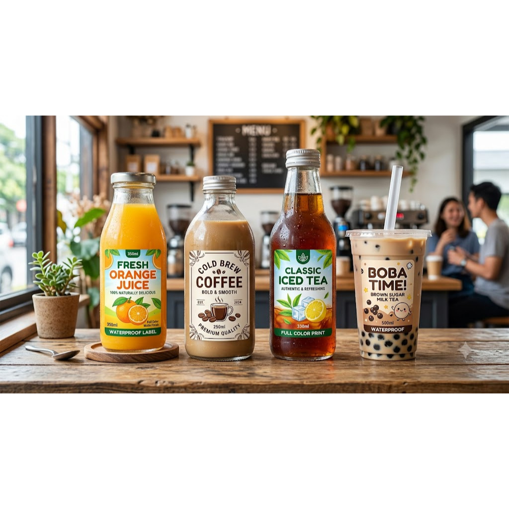 Stiker Label Botol Custom Minuman Jus Kopi Es Teh Boba Waterproof Full Color