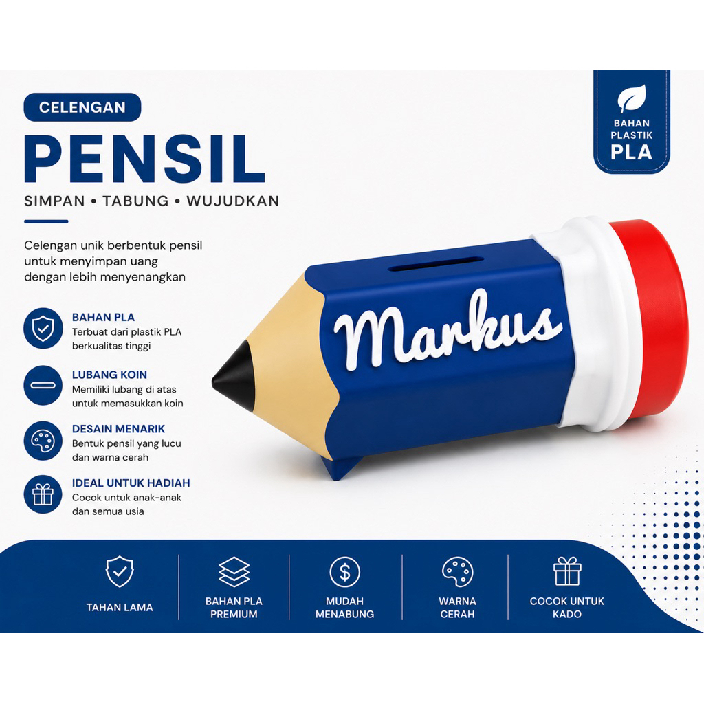Celengan Custom Nama Pencil Piggy Bank Tempat Uang Anak Unik Kado Dekorasi Meja Lucu