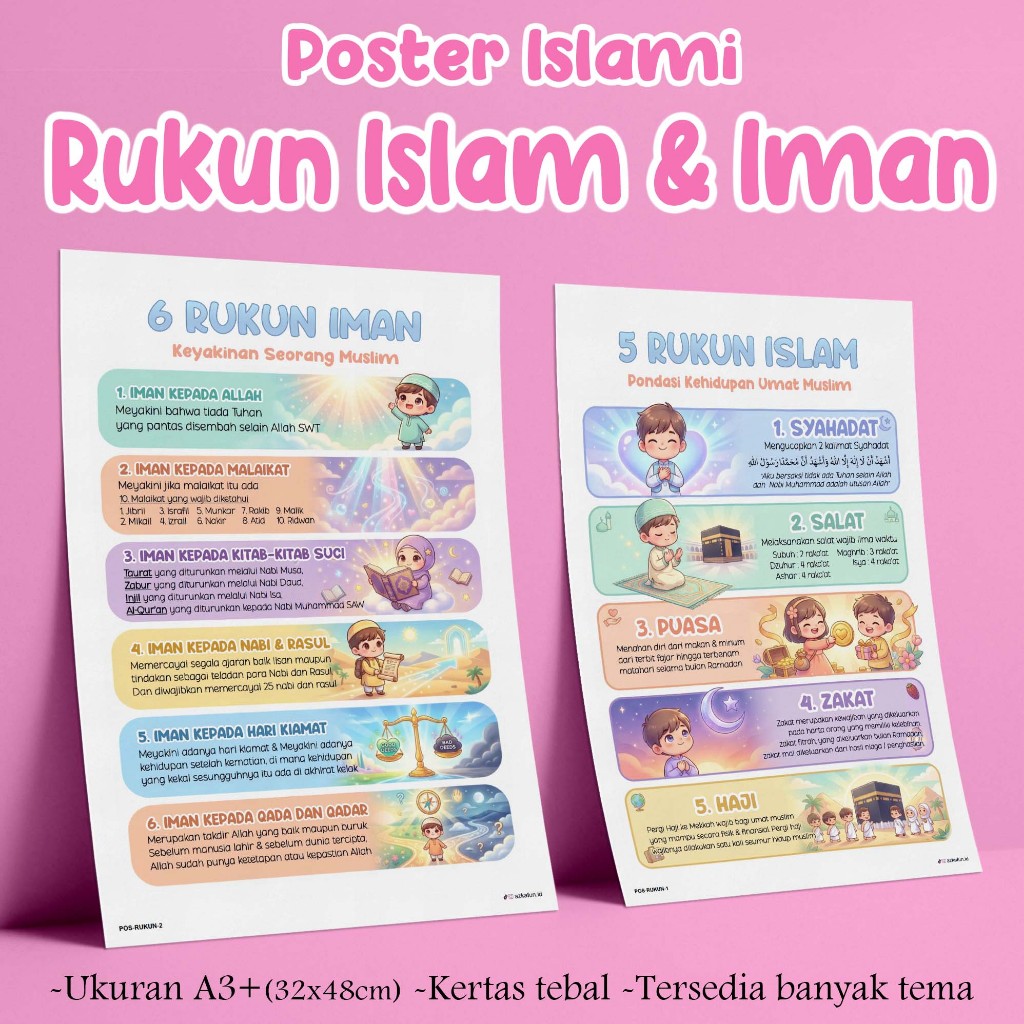 Poster Edukasi Islami Rukun Islam dan Rukun Iman, Poster 5 rukun islam dan 6 rukun iman