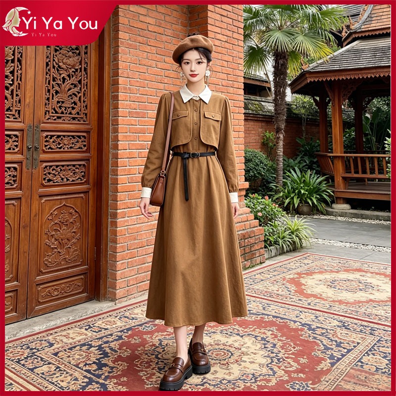 Yi Ya You - Setelan dress menyatu corduroy ala vintage dress gaya clasic eropa - dress vintage dress