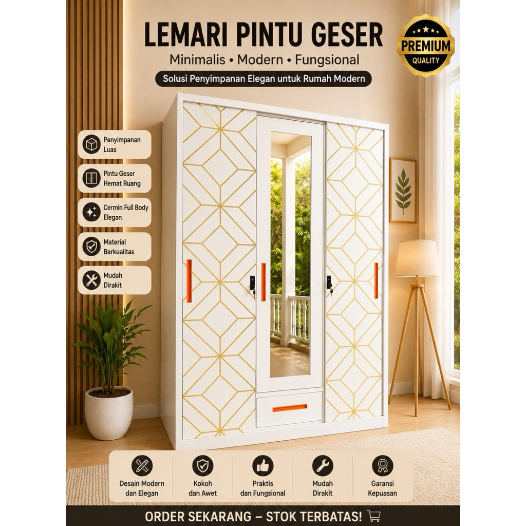 Lemari Pakaian Besi Pintu 3 Almari Baju Besi