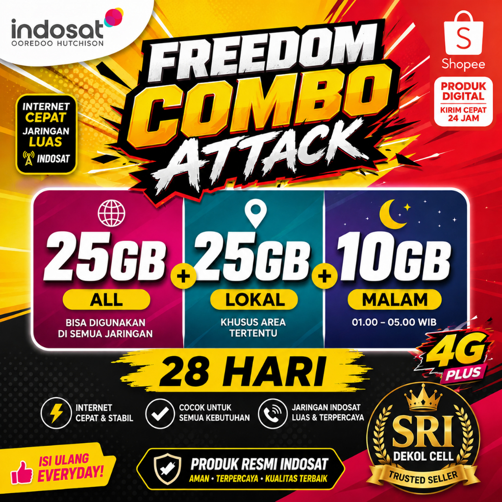 Kuota Indosat Freedom Combo Attack 60GB 28 Hari Voucher Resmi 25GB All 25GB Lokal 10GB Malam Proses 
