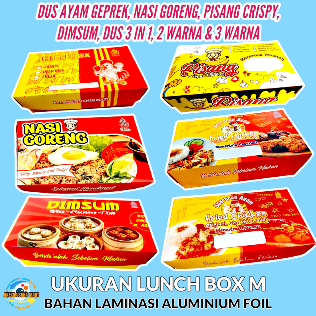 100 Pcs Dus Ayam Geprek, Nasi Goreng, Dimsum, Pisang Crispy Ukuran Lunch Box M Bahan Laminasi Foil