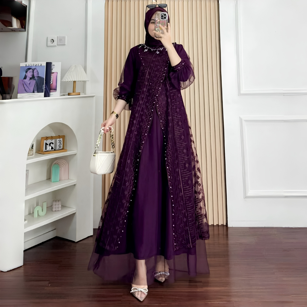 Keyla Dress Gamis Pesta Kondangan Tille Brokat Full Furing Payet Mutiara