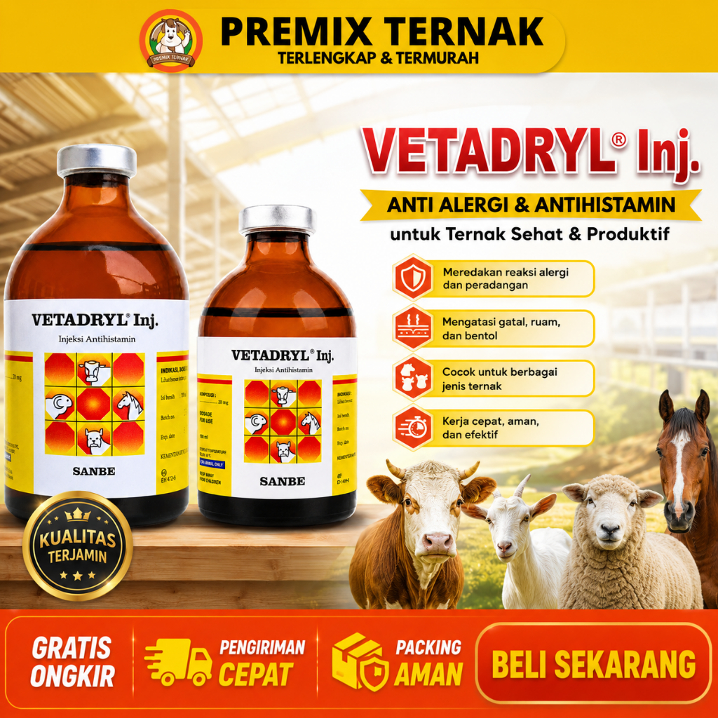 VETADRYL INJ 50ML VETADRYL INJ 100ML - Obat Hewan Antihistamin Ternak Sapi Kuda Kambing Babi Anjing