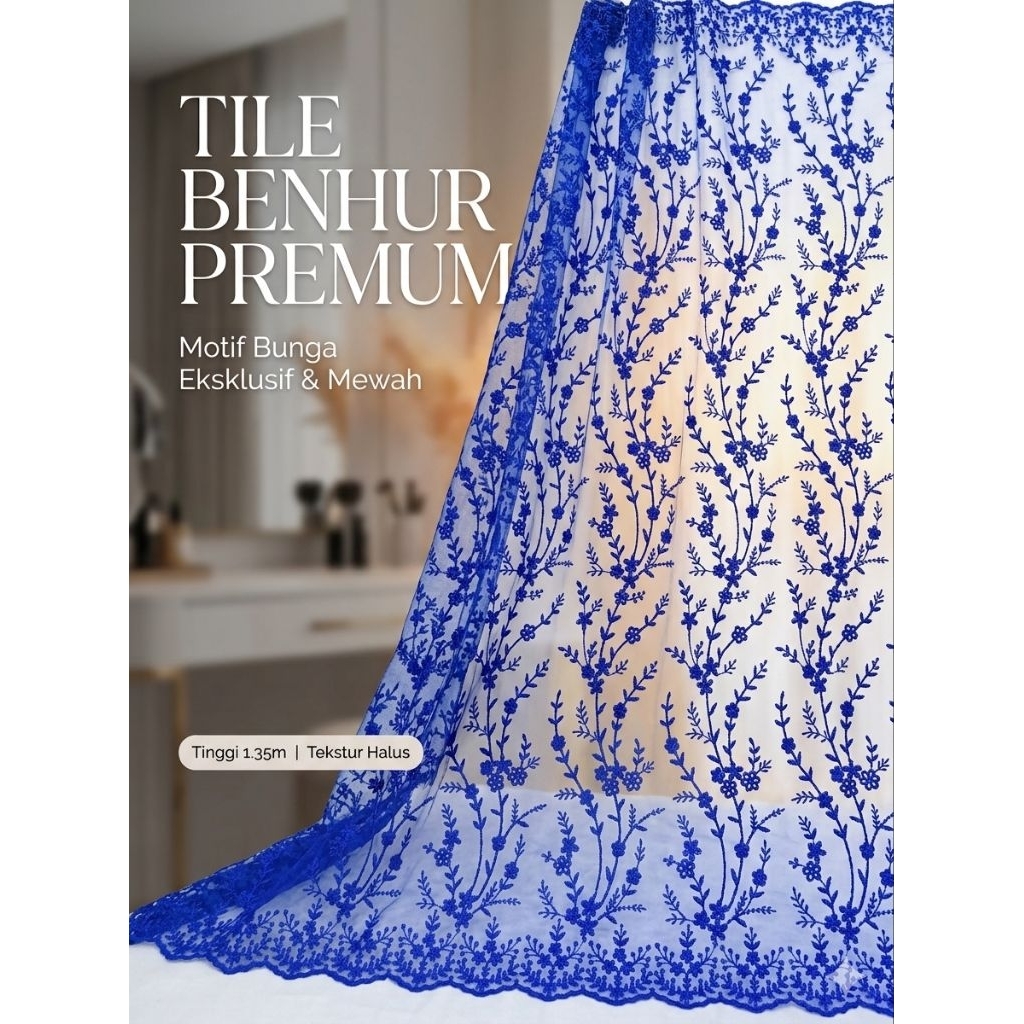 Tille Bordir Motif Bunga Akar Biru Elektrik-Lebar 1.35m-Bahan Kebaya, Dress, Outer, kombinasi dll