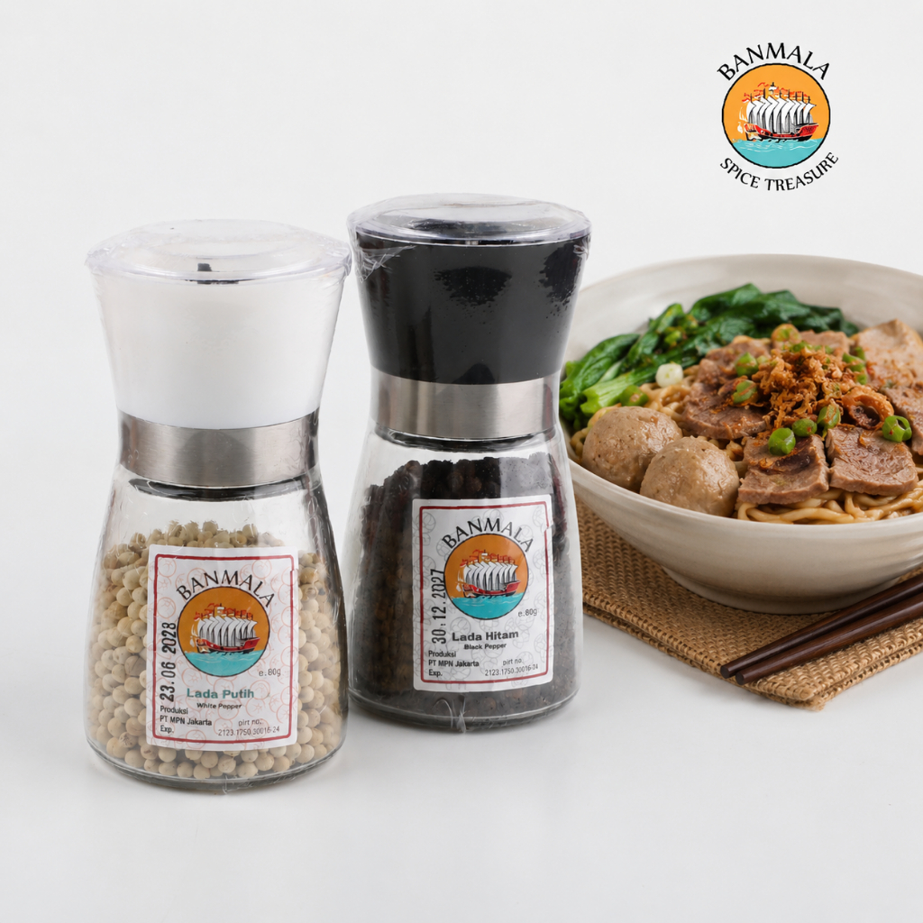 BANMALA Paket Lada Hitam & Lada Putih 80g bonus Gilingan Lada | Black Pepper White Pepper Grinder | 