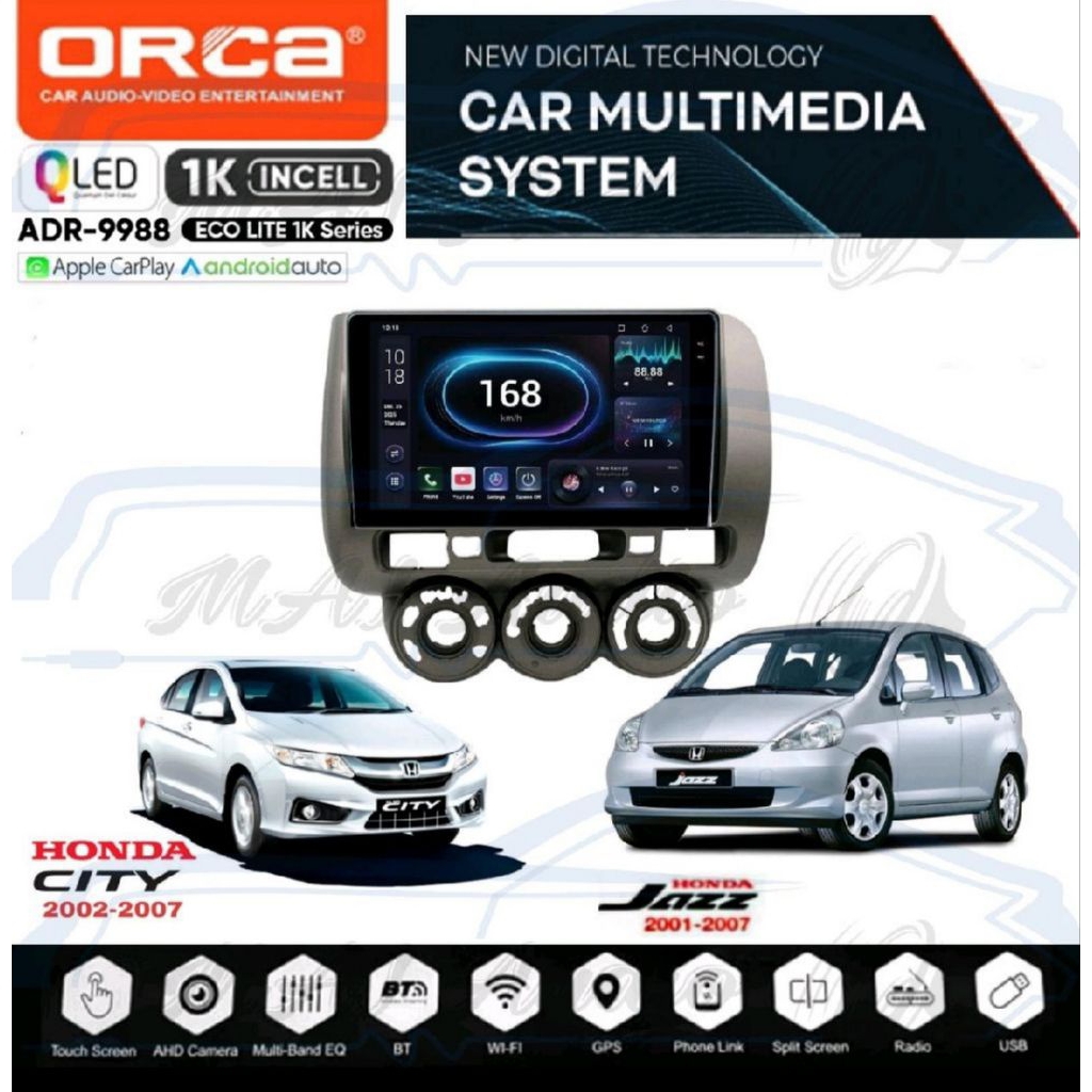 HEAD UNIT TAPE TV MOBIL DOUBLE DIN ANDROID MERK ORCA/DHD/SKELETON UNTUK HONDA JAZZ 2002-2007 LAYAR U