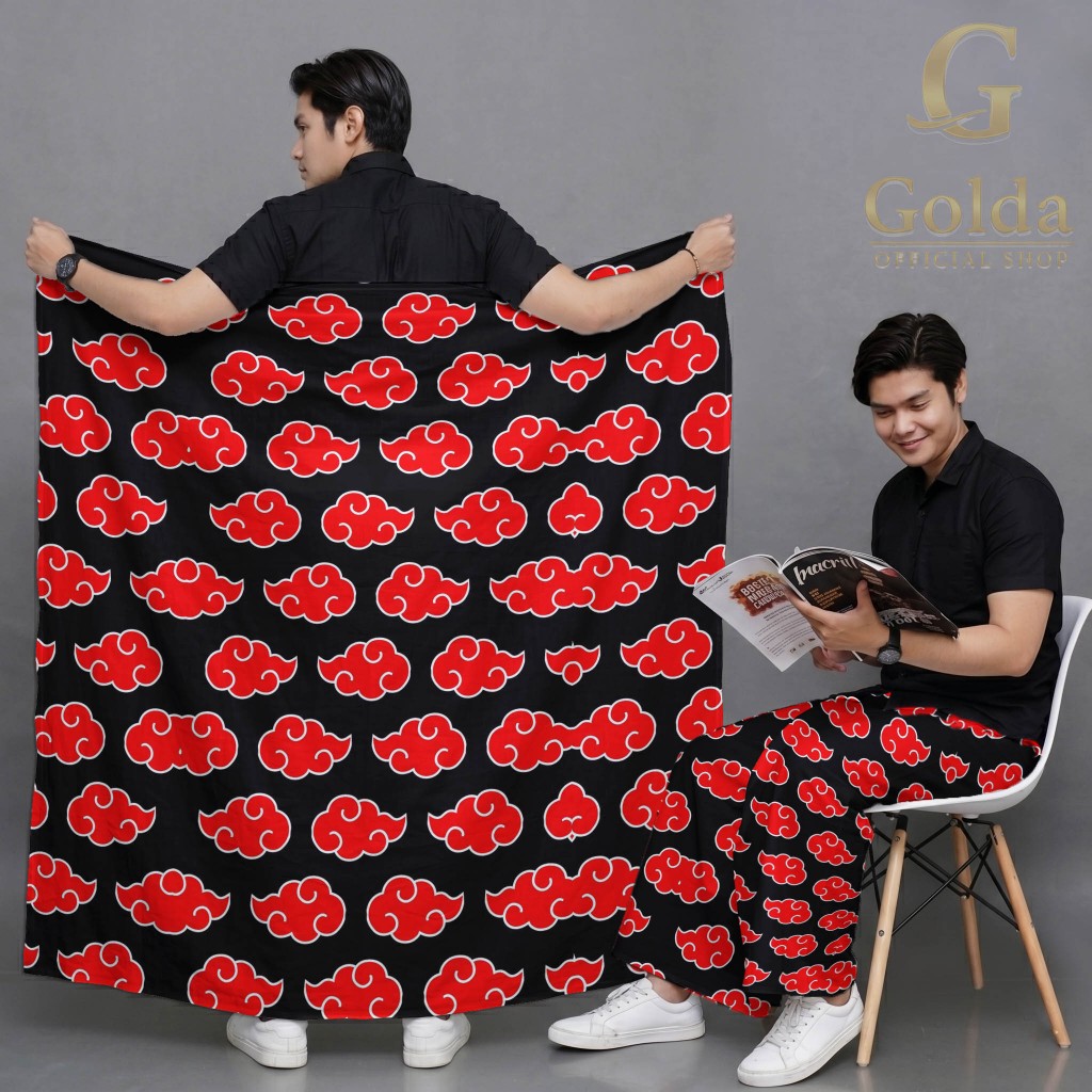 GOLDA Sarung Pria Fullprint Hitam Merah Akatsuki All Size Motif Batik Mega Mendung Modern