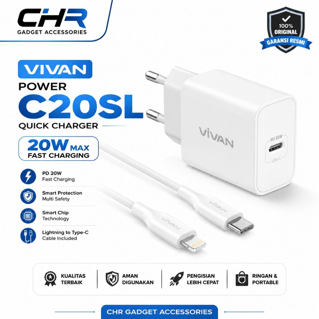 VIVAN ORIGINAL Vivan Power C20SL 20W Fast Charger Original PD USB C+Kabel USB-Cbto lightning Charger