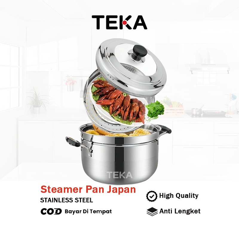 TEKA 3IN1 Pengukus Dua Lapis Stainless Steel  Dengan Tutup Kaca Set Panci Kukus/Dandang/Steamer Pot 