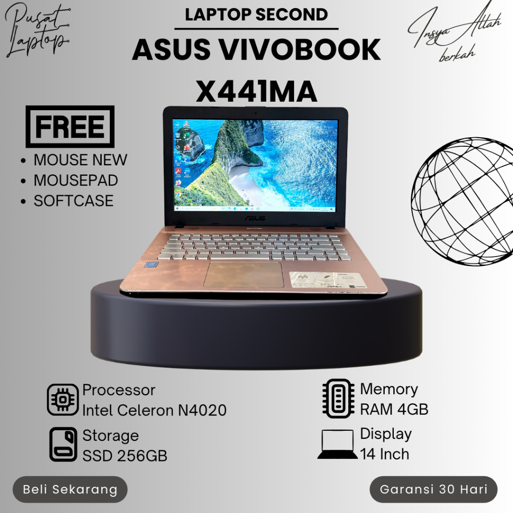 LAPTOP ASUS VIVOBOOK X441MA SECOND | INTEL CELERON N4020 | RAM 4GB | SSD 256GB | NORMAL | BERGARANSI