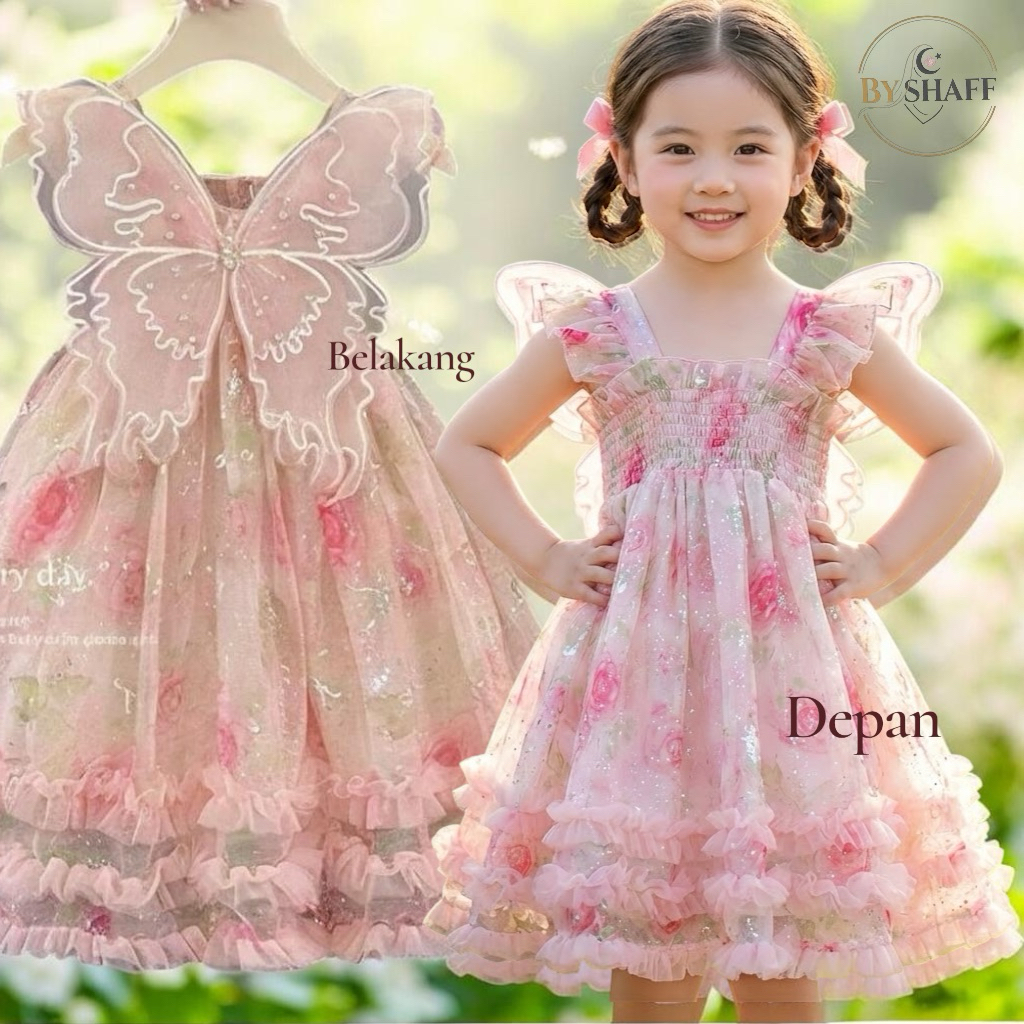 [BYSHAFF] Rosabelle Wings Dress  anak umur 1-9 Tahun Gaun Pesta Anak Perempuan Butterfly Fairy Dress