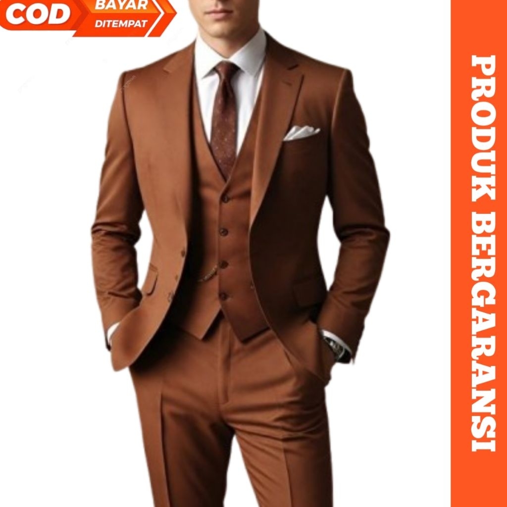 Jas Pria Coklat Setelan Blazer 3in1 Formal Casual Slimfit