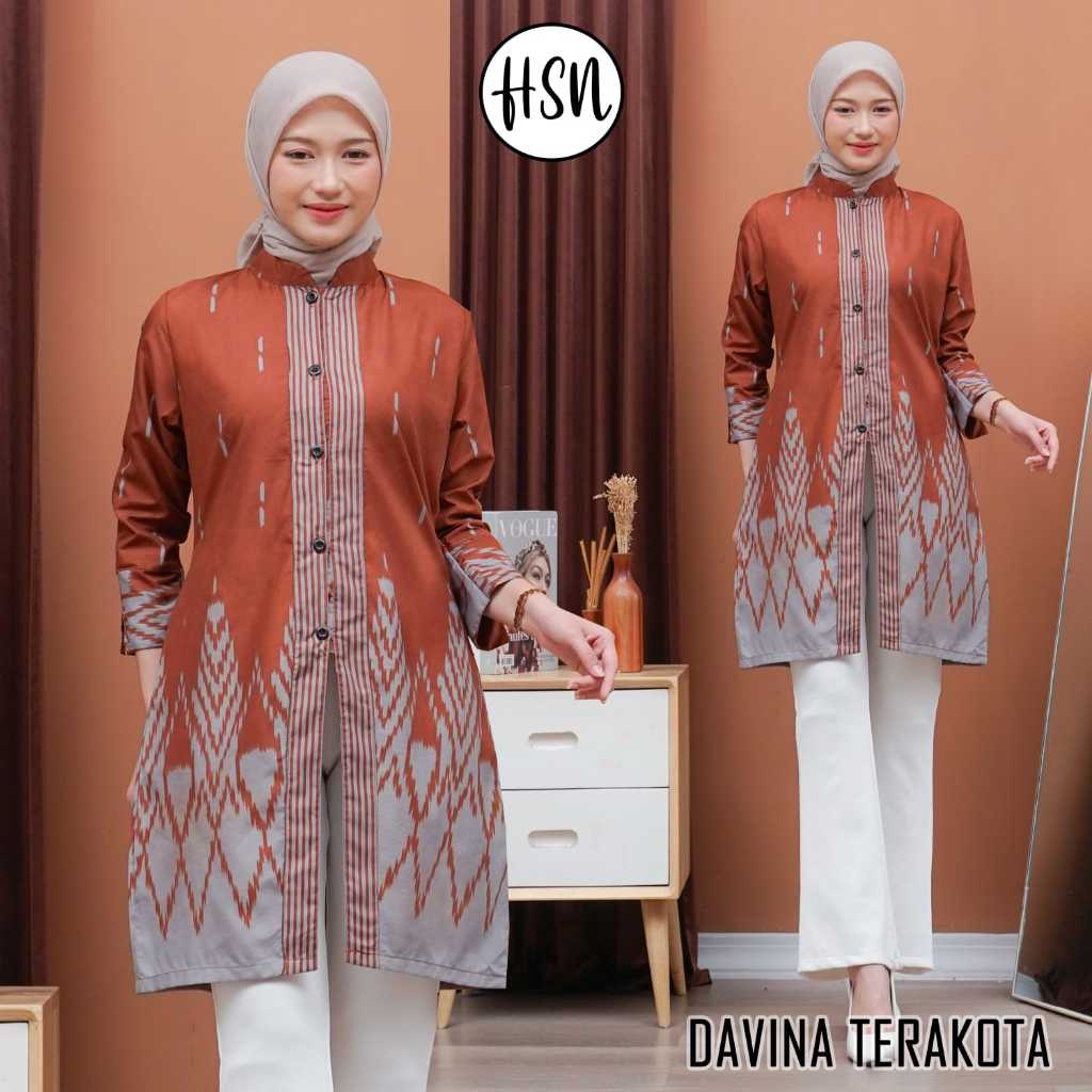 Atasan Batik Wanita Modern Tunik Model Kancing Motif Songket Lengan Panjang Tunik Davina