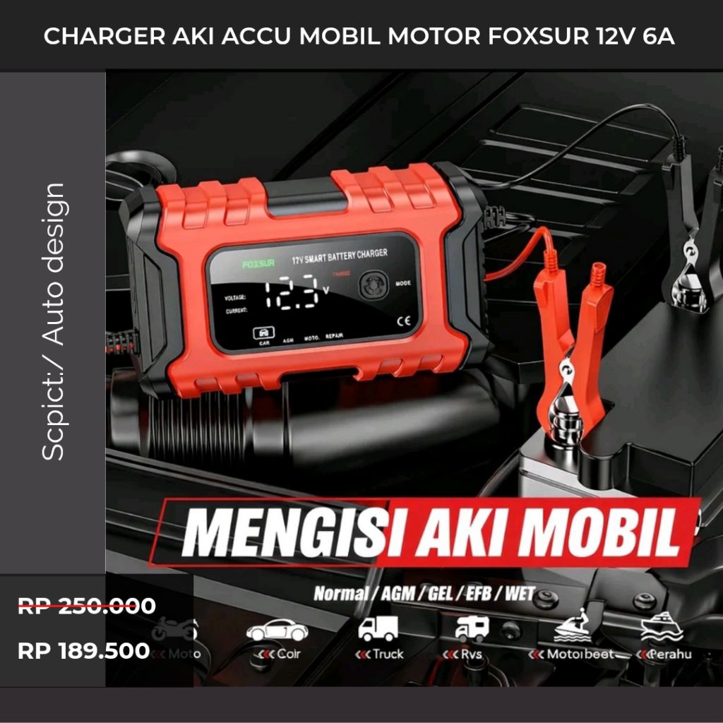 Promo  Charger Aki Accu Mobil Motor Truk FOXSUR 12V 10A-24V 5A Smart Fast Charging Repair Mode Origi