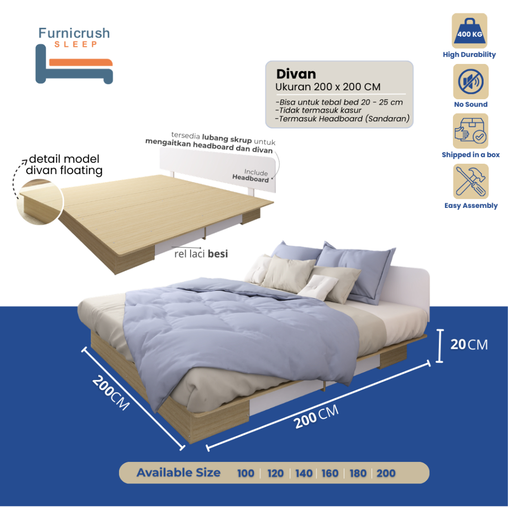 Furnicrush Sleep Dipan Kasur 200 X 200 / Ranjang Tempat Tidur / Divan 200 / Dipan Laci / Divan Super