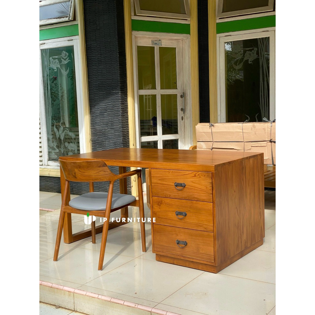 Set meja kerja kayu jati minimalis
