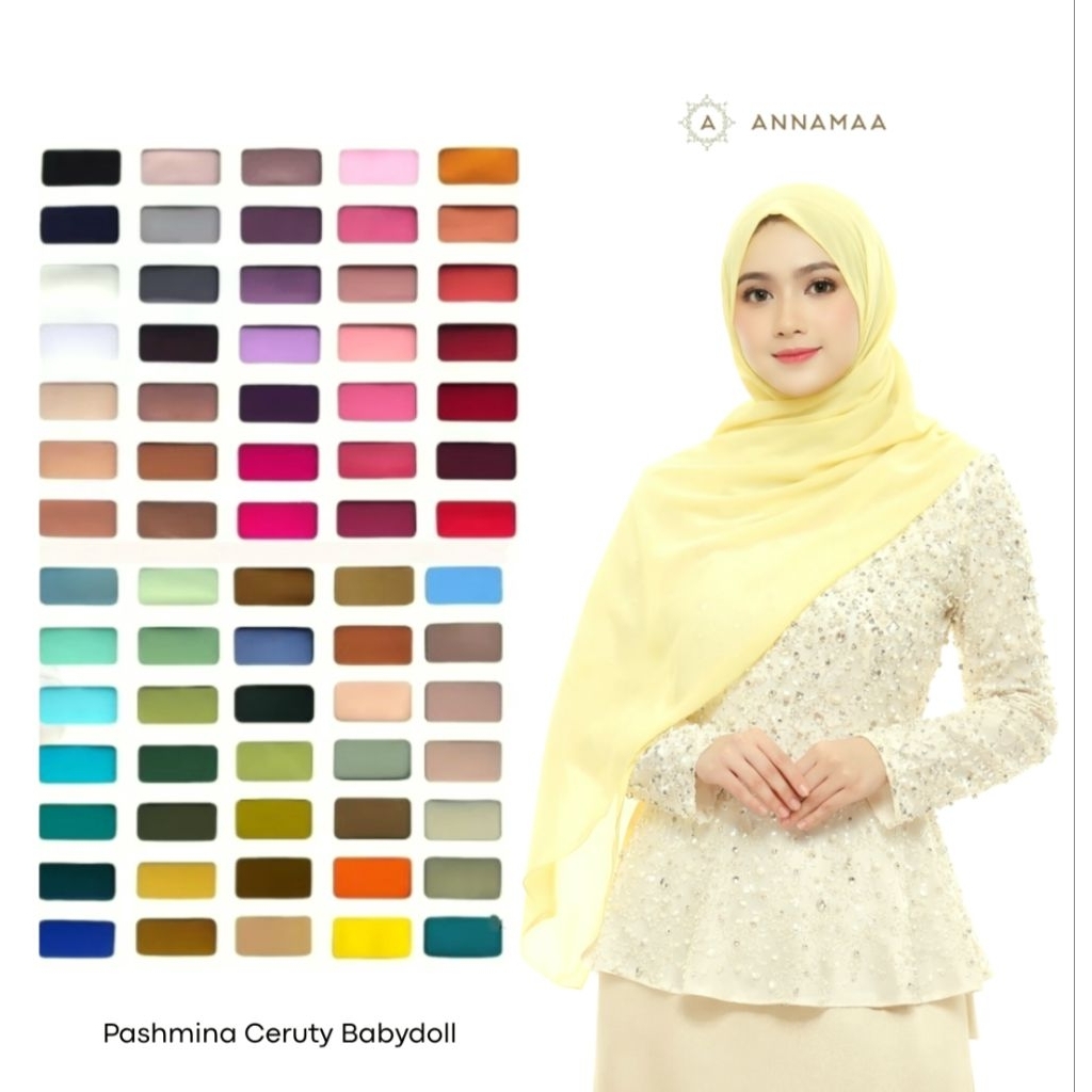 ANNAMAA Pashmina Ceruty Babydoll Pasmina Hijab Jilbab Kerudung Shawl Butter Yellow Soft Yellow Ungu 
