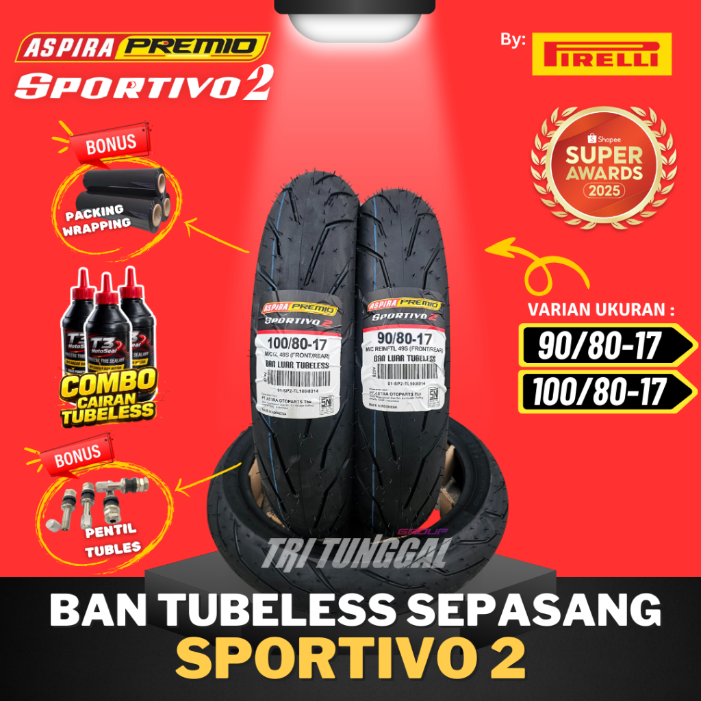 [PAKET SEPASANG] BAN ASPIRA PREMIO SPORTIVO 2 TUBELESS MEDIUM SOFT COMPOUND RING 17 / BAN MOTOR RING