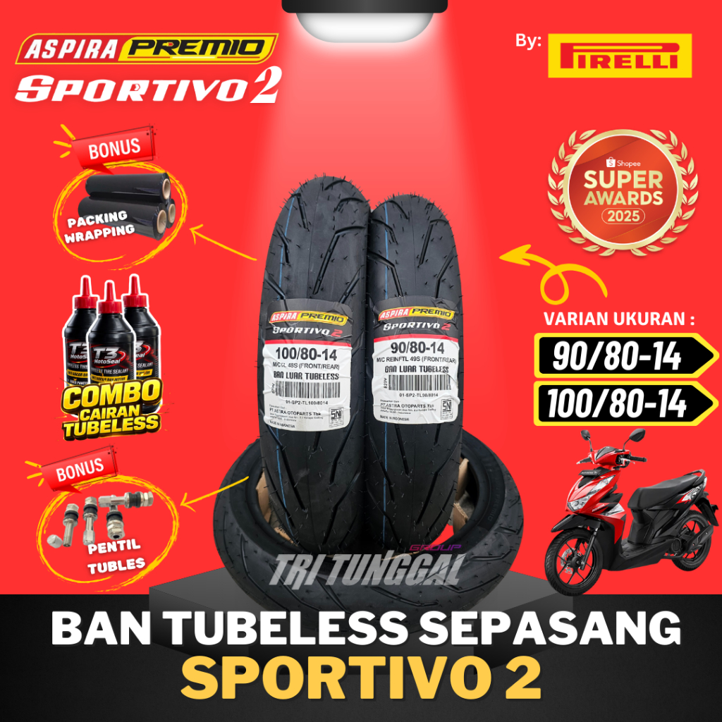 [PAKET MURAH SEPASANG] BAN ASPIRA PREMIO SPORTIVO 2 TUBELESS MEDIUM SOFT COMPOUND RING 14 / BAN MOTO