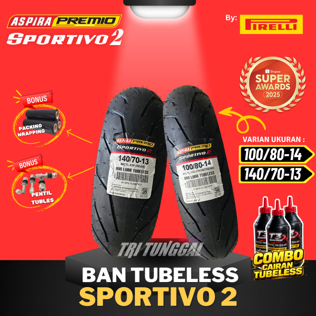 [READY COD] BAN ASPIRA PREMIO SPORTIVO 2 ( 100/80-14 & 140/70-13 ) TUBELESS MEDIUM SOFT COMPOUND RIN