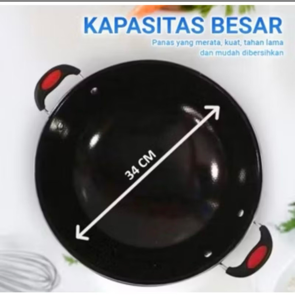 ( Free Kardus & Bublewrap ) Wajan Enamel Hitam 34 Murah | Wajan Anti Lengket Baja | Kwali Penggoreng