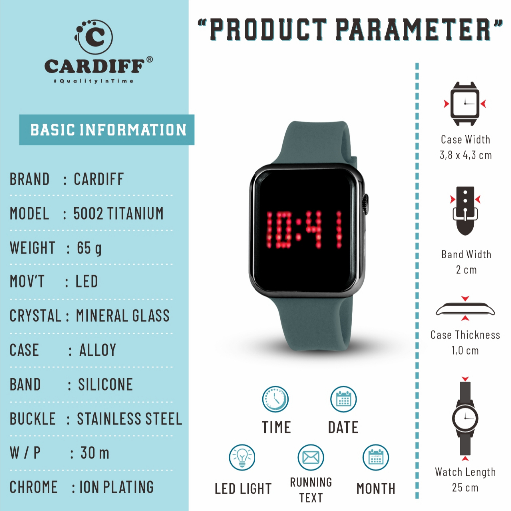CARDIFF Jam Tangan LED Karet 5002 Digital | Pria Wanita | Tahan Air | 30meter