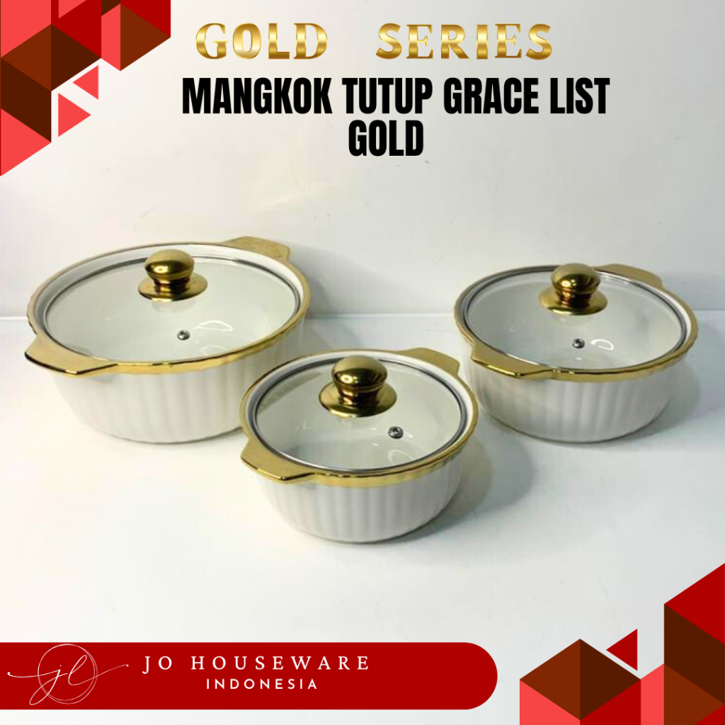 Mangkok Saji Tutup Kaca Grace List Gold Keramik Premium Unik  / Set Mangkok Keramik Tutup kaca JJ691