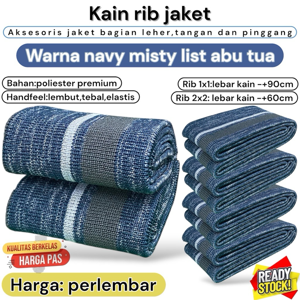 Kain rib bur 1x1 Warna Navy misty list abu tua polyester tebal lembut perlembar