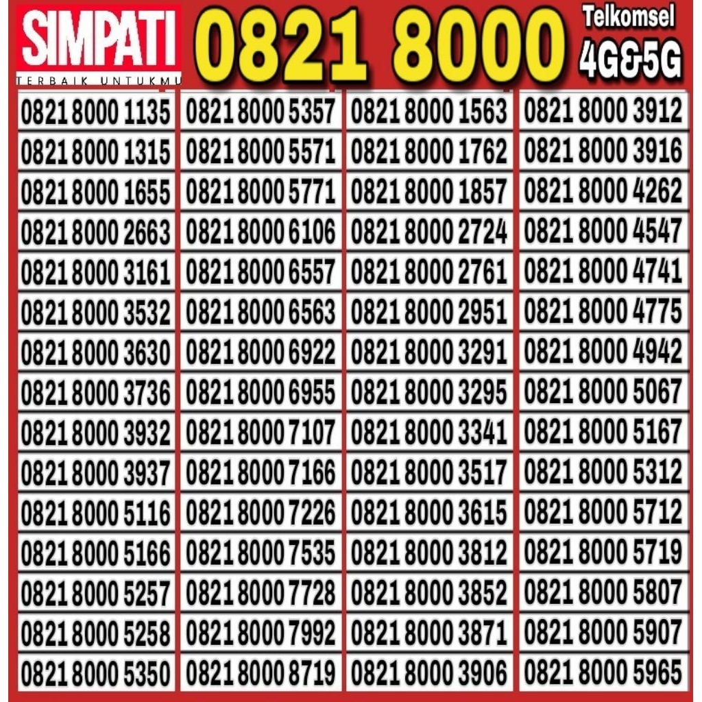 NOMOR CANTIK TELKOMSEL SIMPATI 4G LTE O821 8000 - O852 8000 80