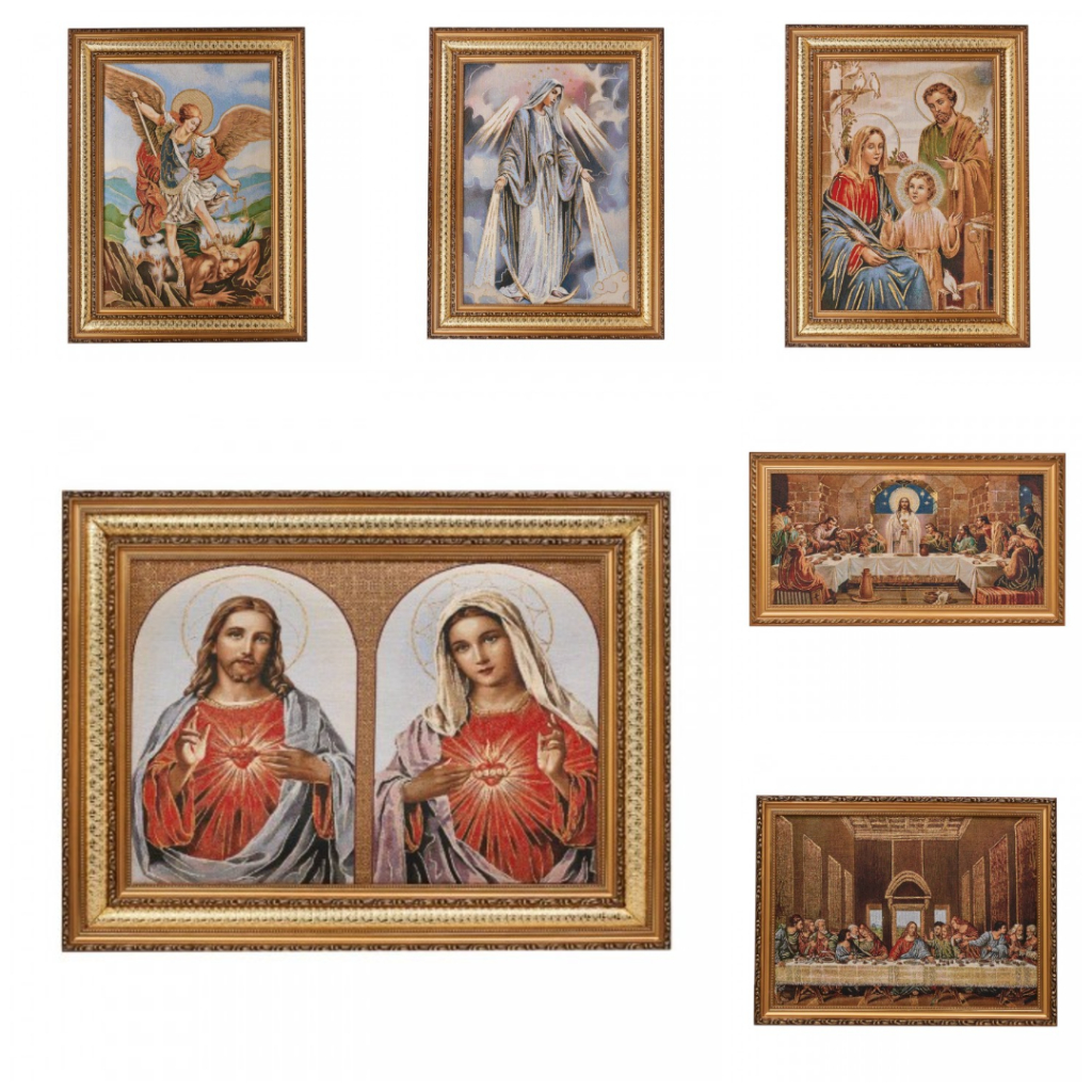 Yeraya Kanvas Kain Premium Antique Belgium Gold Maria Tangan Terbuka Santo Mikael Yesus dan Maria Ha