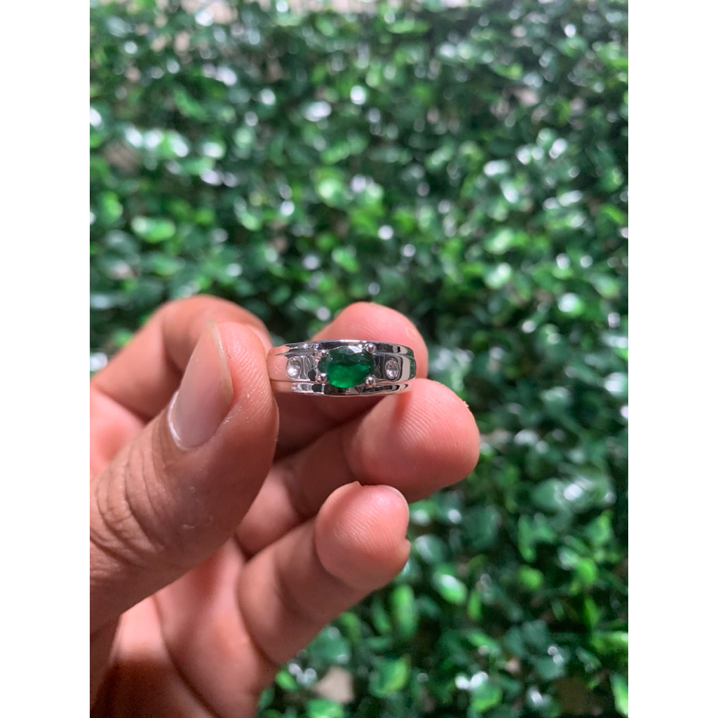 Cincin Titanium Batu Zircon Hijau Pria Cowok Silver Anti-Karat Super Keren Stainless Steel Casual Ke