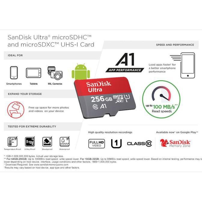 MH- Memory Micro SD 128 / 256 GB Class 10 100mbps Ultra A1 - Memory Card SANDISK
