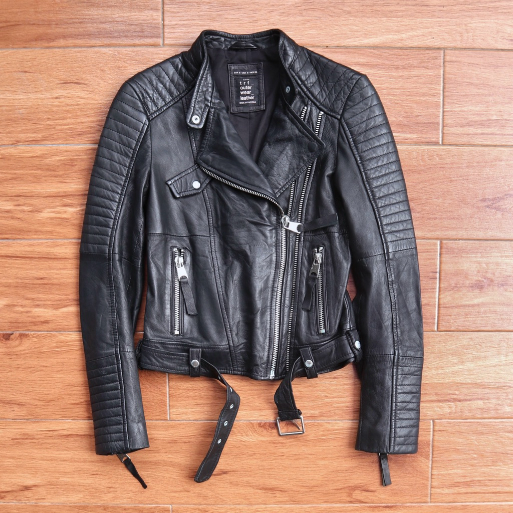 ZARA kulit asli domba biker crop quilted ramones cropped cewek rocker rider wanita  punk jaket motor