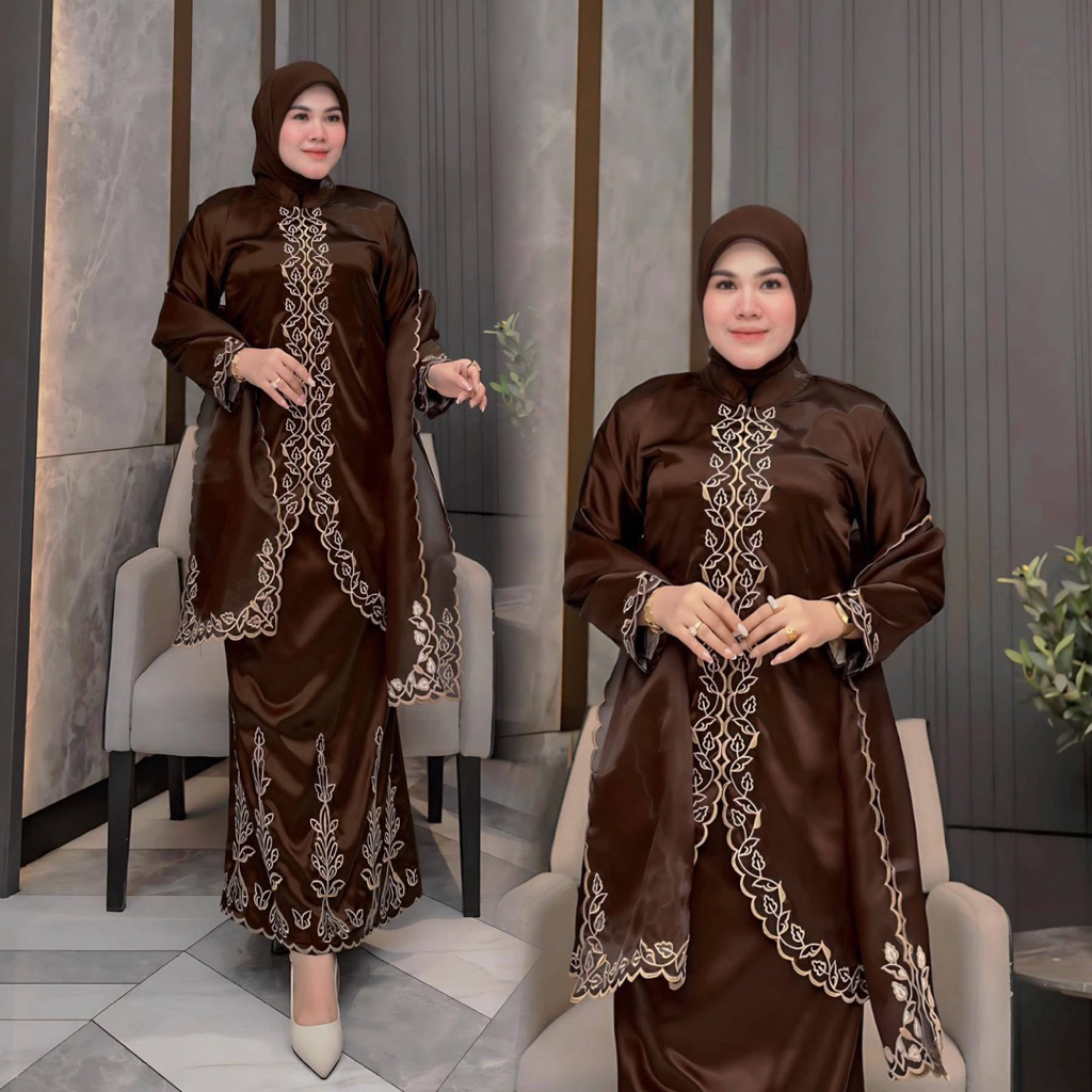 Setelan Baju kurung Melayu bordir set selendang wanita terbaru