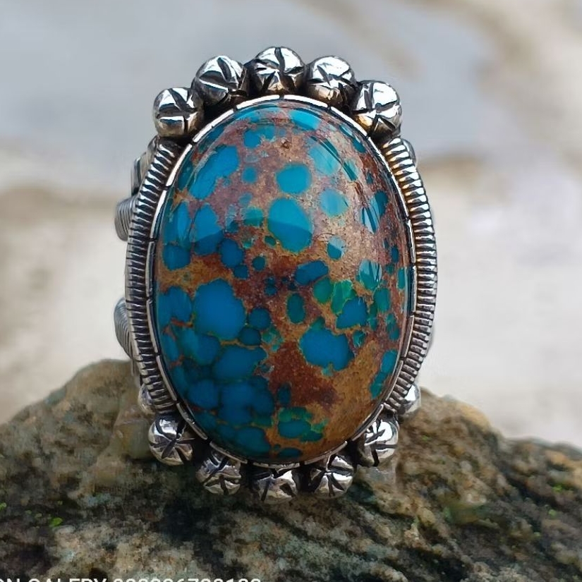 Pirus Persia biru tua ring perak klasik lawasan