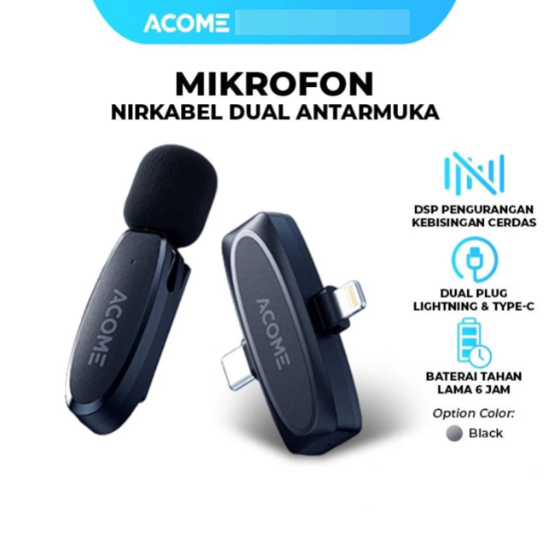 ACOME AWA-V7B Microphone Wireless 2 Port Type-C+Lightning Clip on