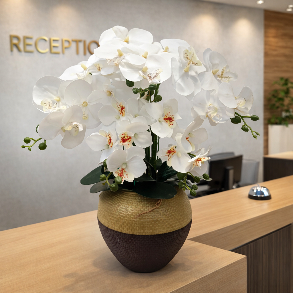 Dekorasi Lebaran Mewah 1 Set Anggrek Putih Artificial Real Touch Dengan Vas Emas Hiasan Meja Tamu Ha