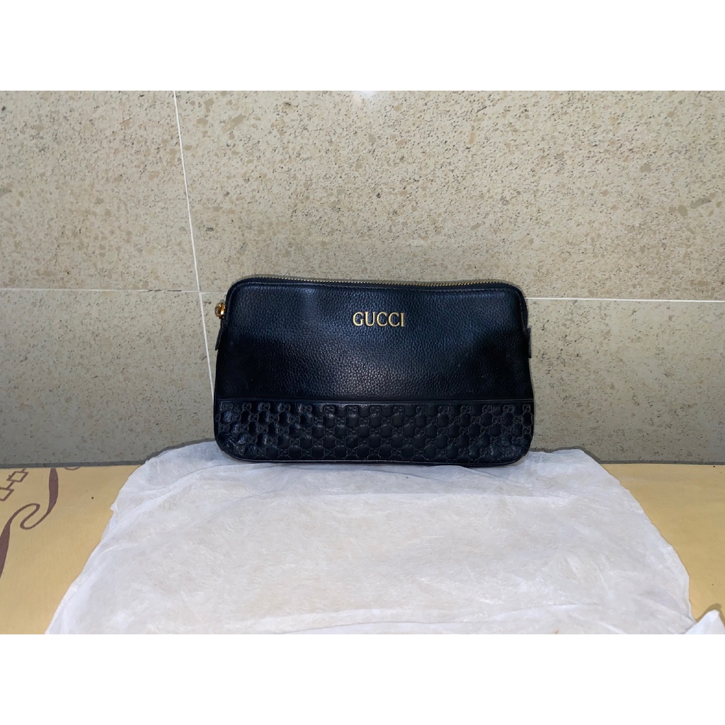 tas clutch hand bag pria wanita brand Gucci full leather hitam black LIKE NEW