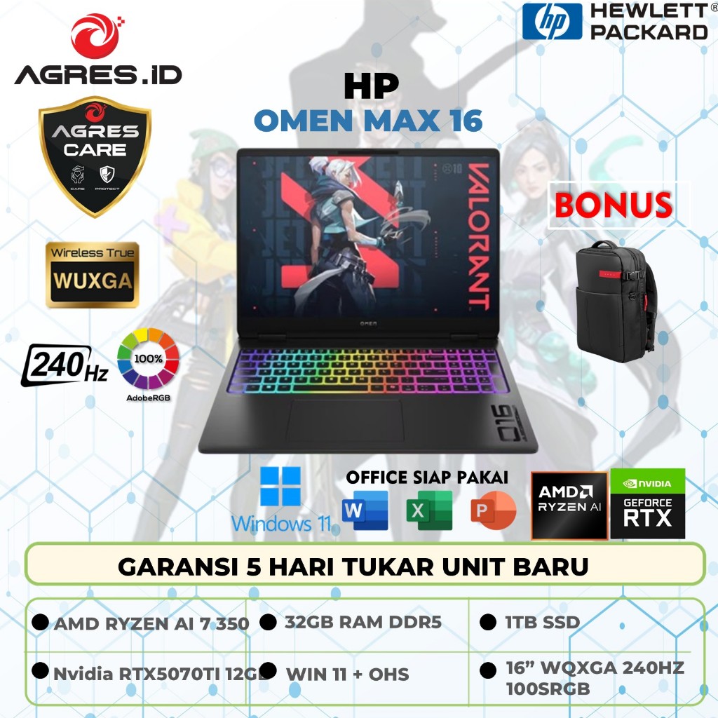 HP Gaming Omen Max Laptop 16-AK0099AX AMD Ryzen AI 7 350 RTX5070TI 12GB/32GB SSD1TB WIN11+OHS2024 24