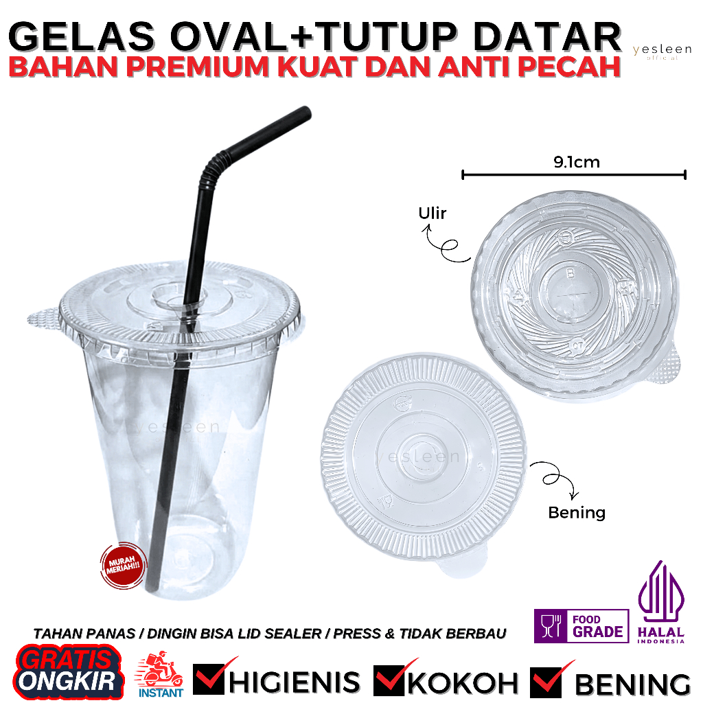 (50PCS) Gelas Plastik PP OVAL Plus Tutup Gelas Datar Bening & Ulir | Cup Oval + Tutup Lid Anti Tumpa